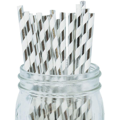 Decorative Striped Paper Straws (100pcs, Striped, Gray) - themeprintparty