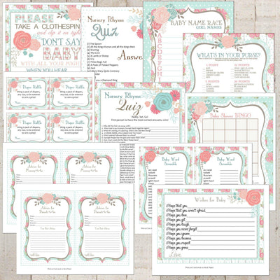 Shabby Chic Printable | Floral Baby Shower | Baby Shower Games Printable | Shabby Chic Baby Shower Games | DIY Shabby Chic Party Printable - themeprintparty