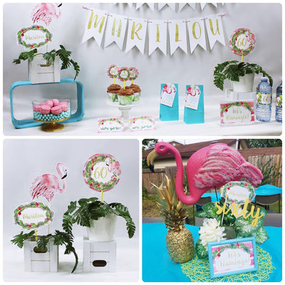 DECOR SET ESSENTIALS | Flamingo Party Printable | Flamingo Birthday Decorations | Flamingo Party Decorations | 1st Birthday Items OR Any Age | Tropical Flamingo Birthday Decorations | Pineapple Decorations - themeprintparty