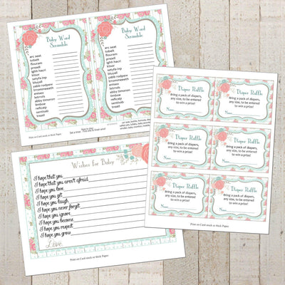 Shabby Chic Printable | Floral Baby Shower | Baby Shower Games Printable | Shabby Chic Baby Shower Games | DIY Shabby Chic Party Printable - themeprintparty