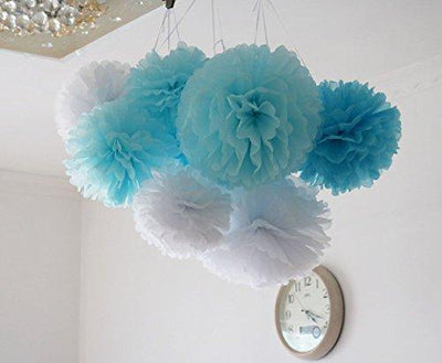 Tissue Paper Pom Poms, Tissue Flower Ball For Wedding Birthday Party and Baby Shower Decoration Premium Tissue Paper Pom Pom Flowers Craft Kit (Blue-White) - themeprintparty