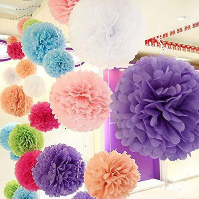 Tissue Paper Pom Poms Rainbow Paper Flowers for Party Decorations - 15 Pcs of 8,10,14 Inch - themeprintparty