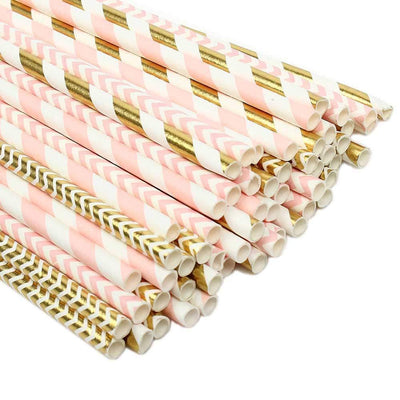 Paper Straw 100pc For Parties Birthdays Weddings Baby Showers And Celebrations (Pink/Gold) - themeprintparty