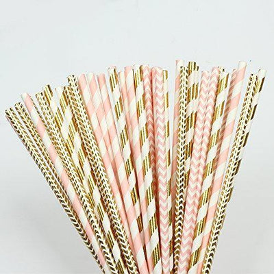 Paper Straw 100pc For Parties Birthdays Weddings Baby Showers And Celebrations (Pink/Gold) - themeprintparty