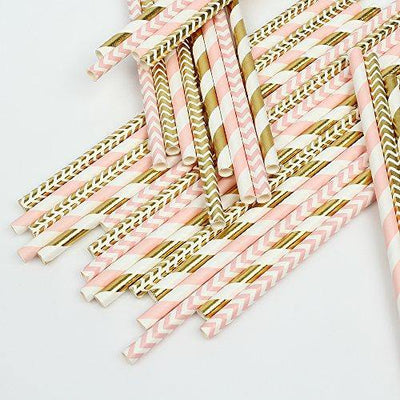 Paper Straw 100pc For Parties Birthdays Weddings Baby Showers And Celebrations (Pink/Gold) - themeprintparty