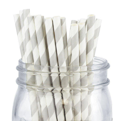 Decorative Striped Paper Straws (100pcs, Striped, Gray) - themeprintparty